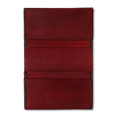 A open red bi-fold credit card holder by the leather story